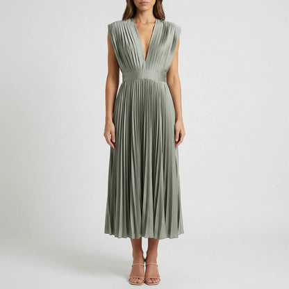 Pleated Midi Dress With V-Neckline - Sandy