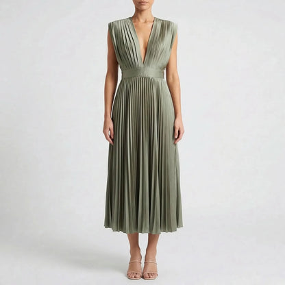 Pleated Midi Dress With V-Neckline - Sandy