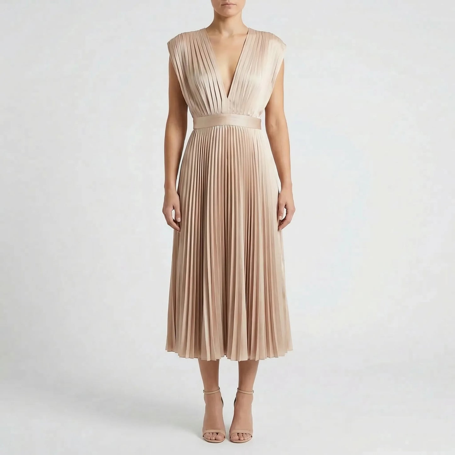 Pleated Midi Dress With V-Neckline - Sandy