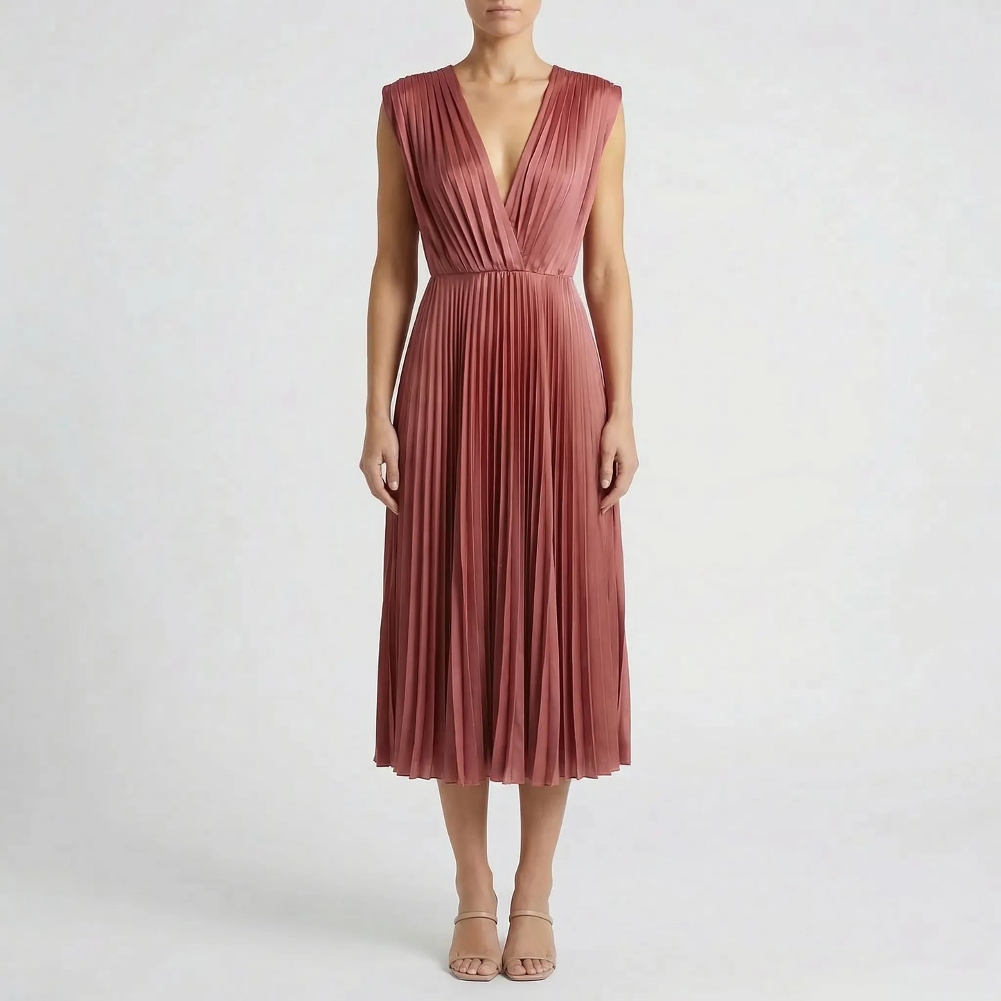 Pleated Midi Dress With V-Neckline - Sandy
