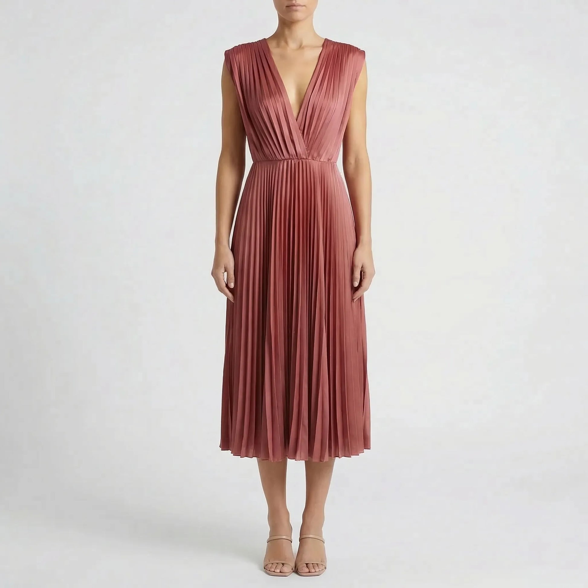 Pleated Midi Dress With V-Neckline - Sandy