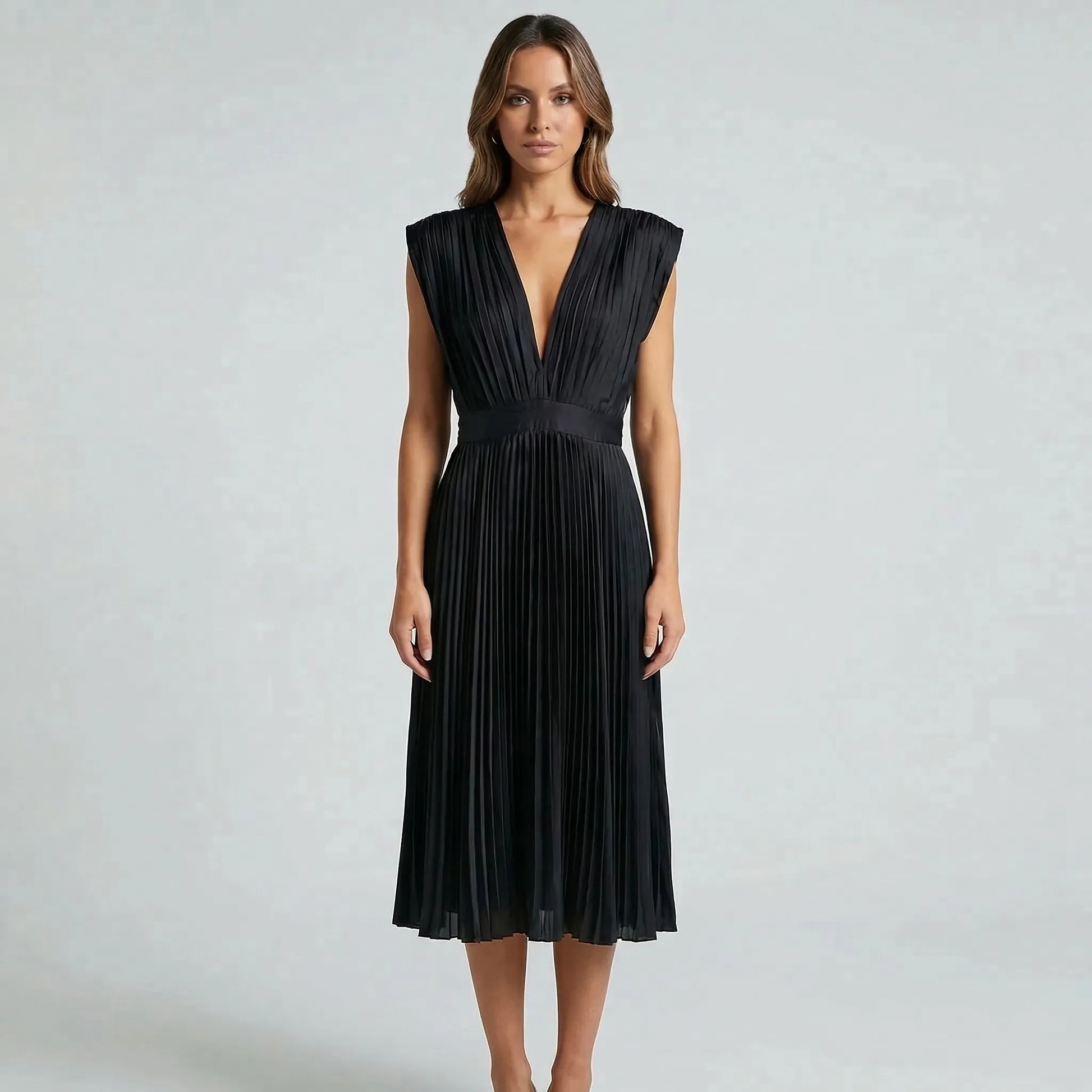 Pleated Midi Dress With V-Neckline - Sandy