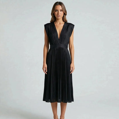 Pleated Midi Dress With V-Neckline - Sandy