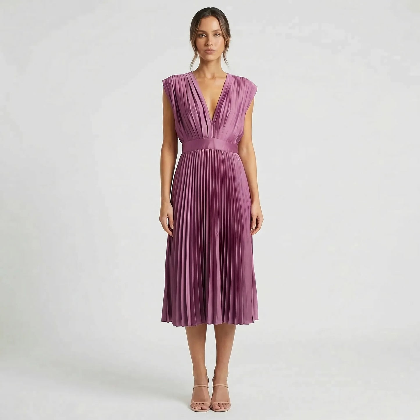 Pleated Midi Dress With V-Neckline - Sandy