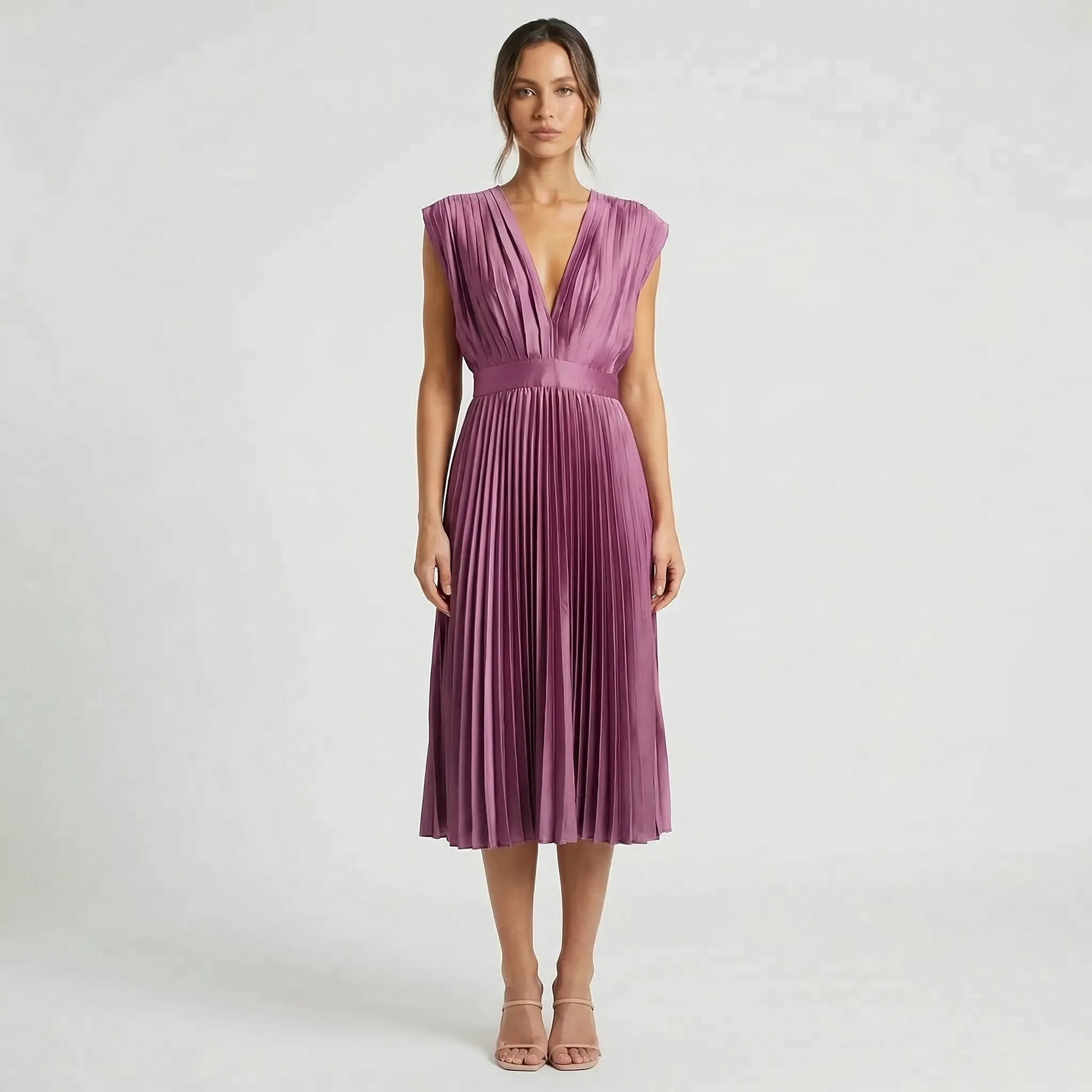 Pleated Midi Dress With V-Neckline - Sandy