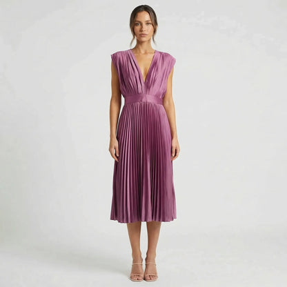 Pleated Midi Dress With V-Neckline - Sandy
