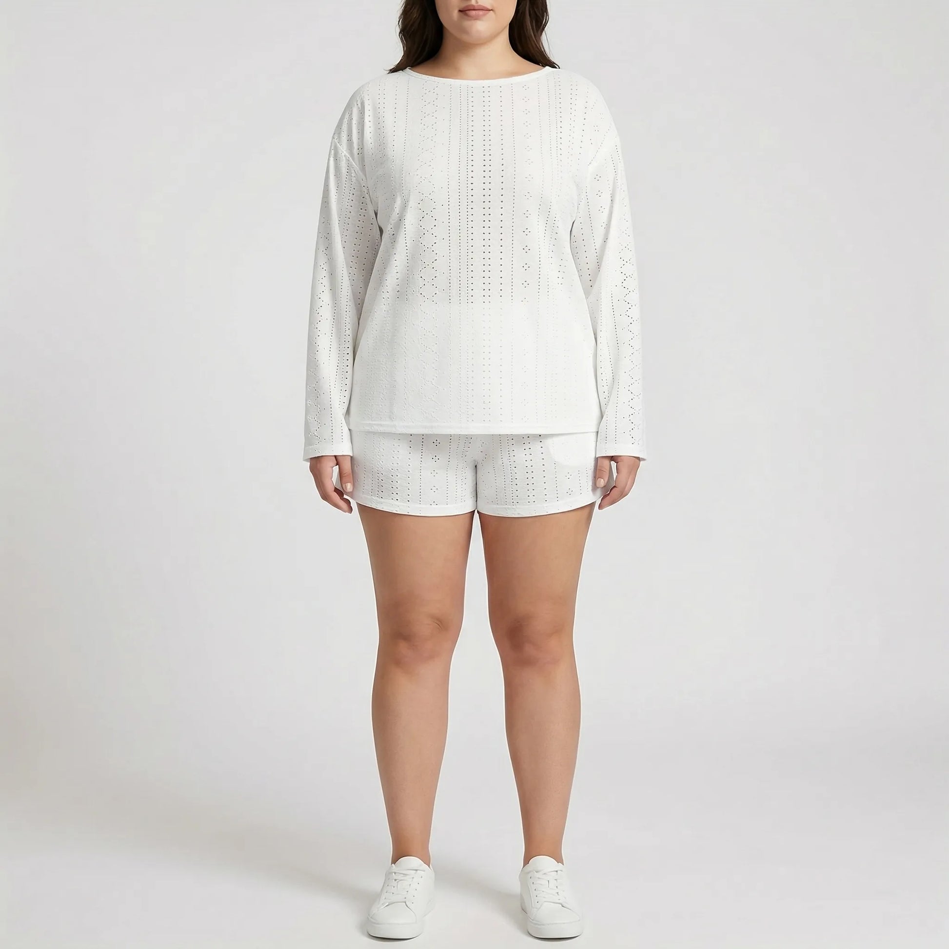 Plus Size Crew Neck Long Sleeve Top And Shorts Set - Charlene