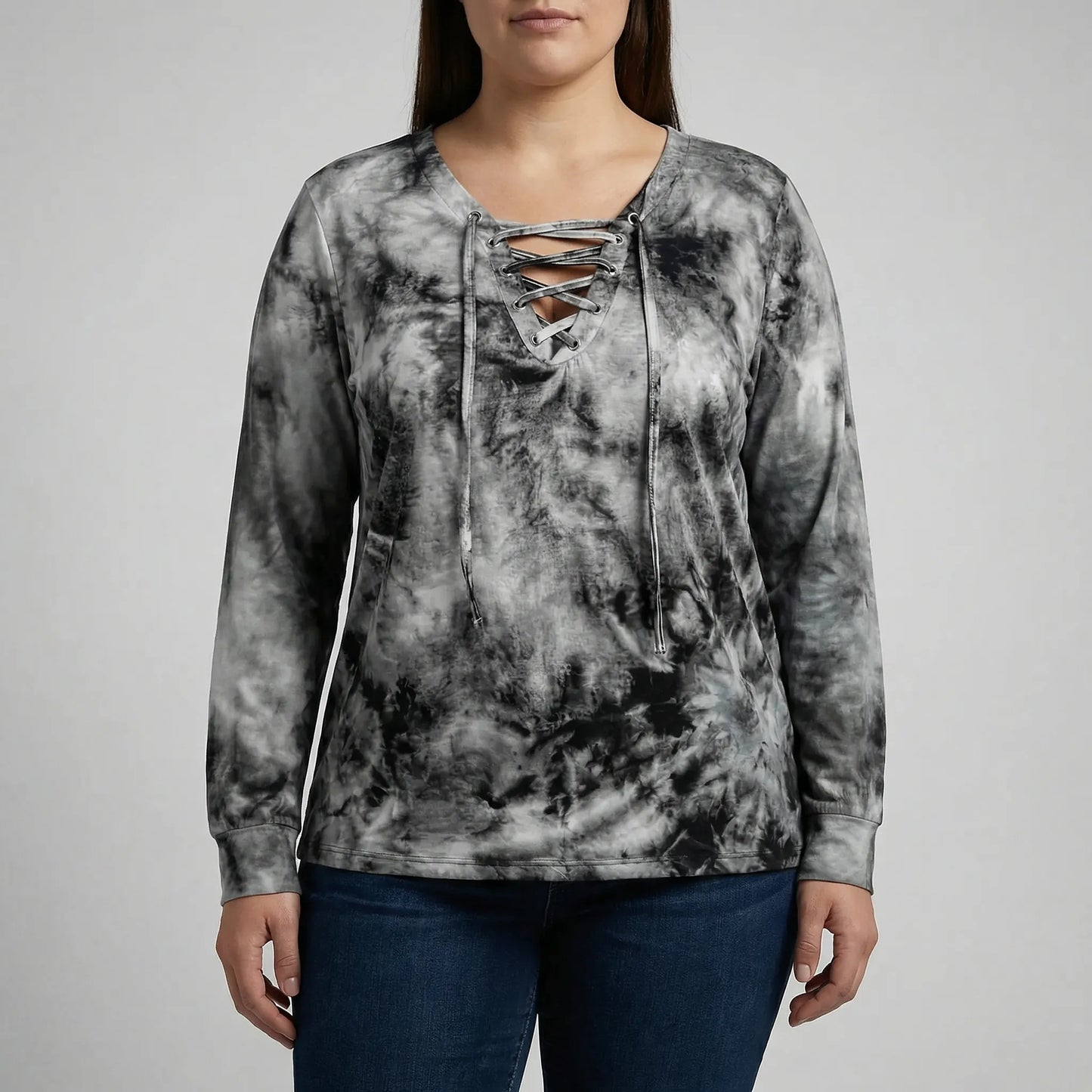 Plus Size Tie-Dye Lace-Up Top - Doreen