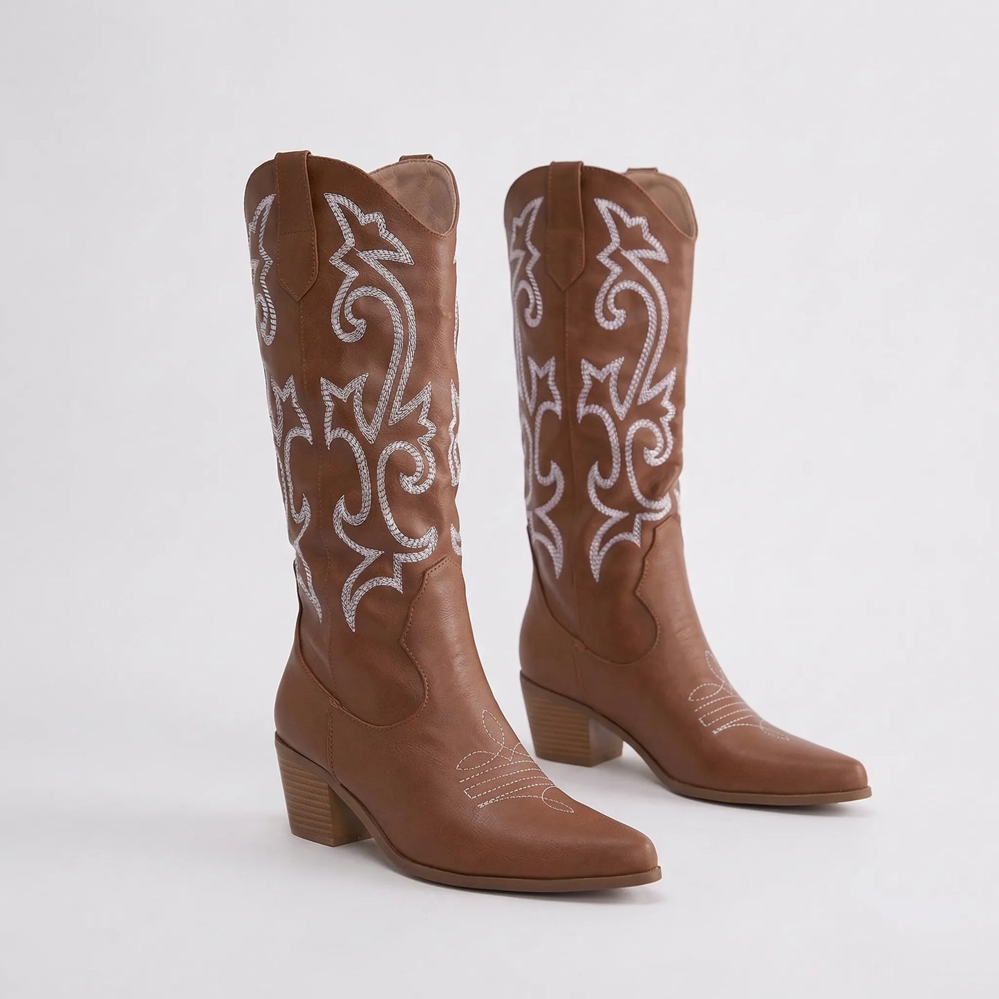 Pointed Toe Block Heel Cowboy Boot - Brandy