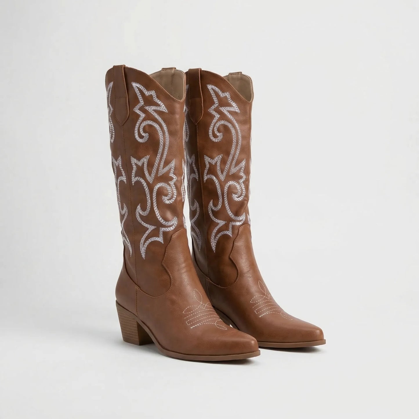 Pointed Toe Block Heel Cowboy Boot - Brandy