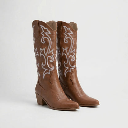 Pointed Toe Block Heel Cowboy Boot - Brandy