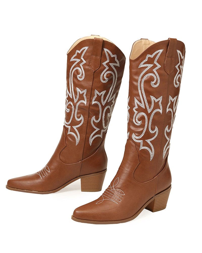 Pointed Toe Block Heel Cowboy Boot - Brandy