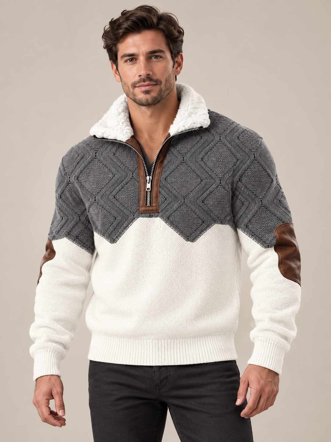 Man wearing the grey and white half-zip jumper with fleece collar and brown elbow patches, with dark trousers 1