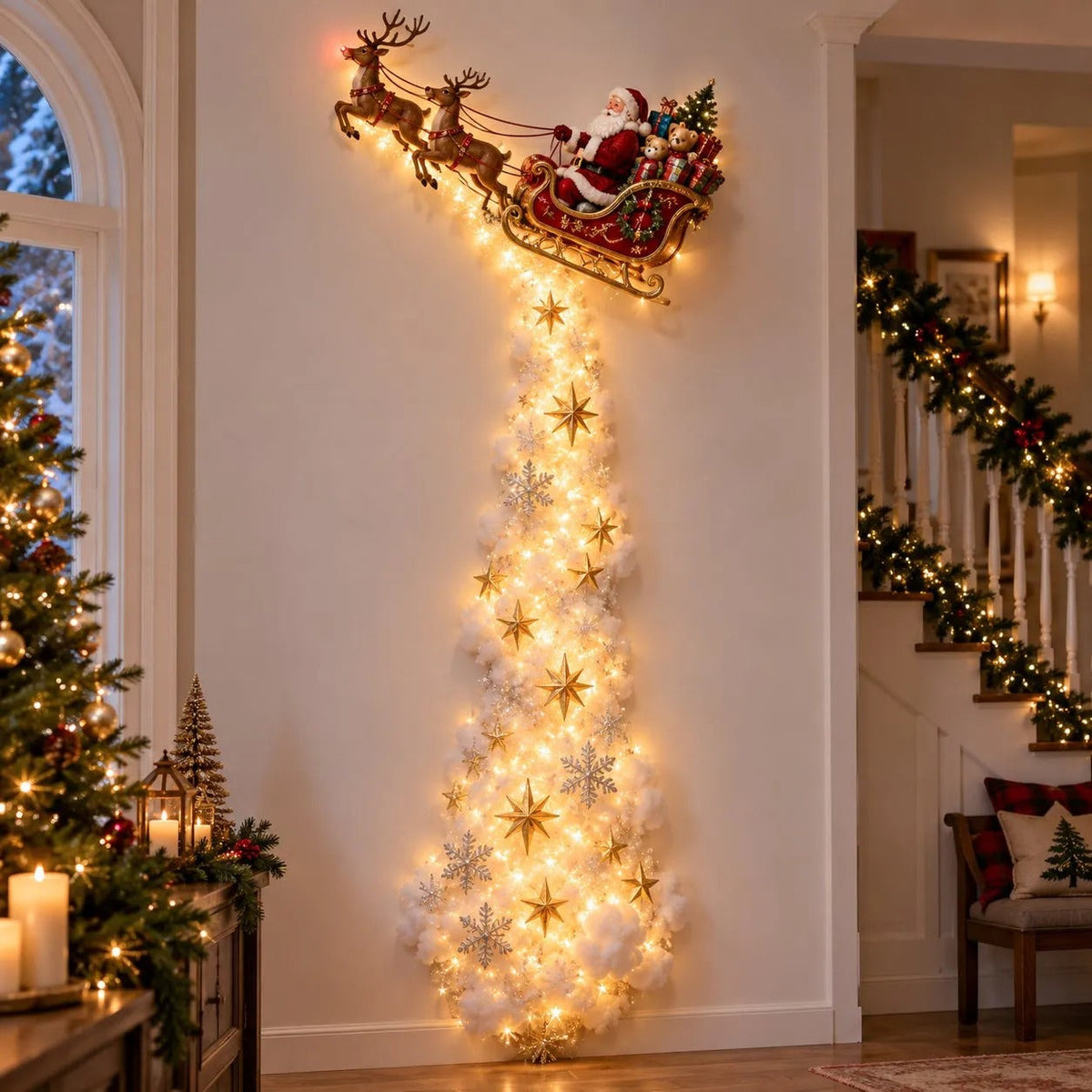 Santa's sleigh with two reindeer at the top of a glowing light trail of stars and snowflakes 1