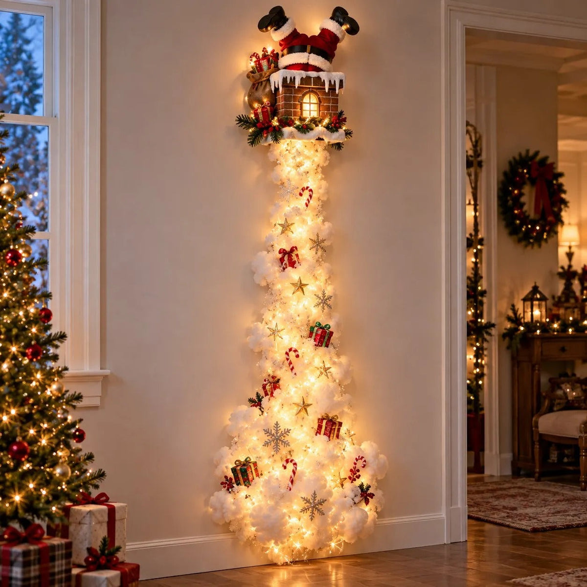 Santa's legs sticking out of a snowy chimney above a lit trail with presents and candy canes 2
