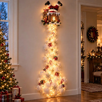 Santa's legs sticking out of a snowy chimney above a lit trail with presents and candy canes 2