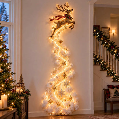 Leaping reindeer in a red ribbon above a swirling light trail studded with gold stars 3