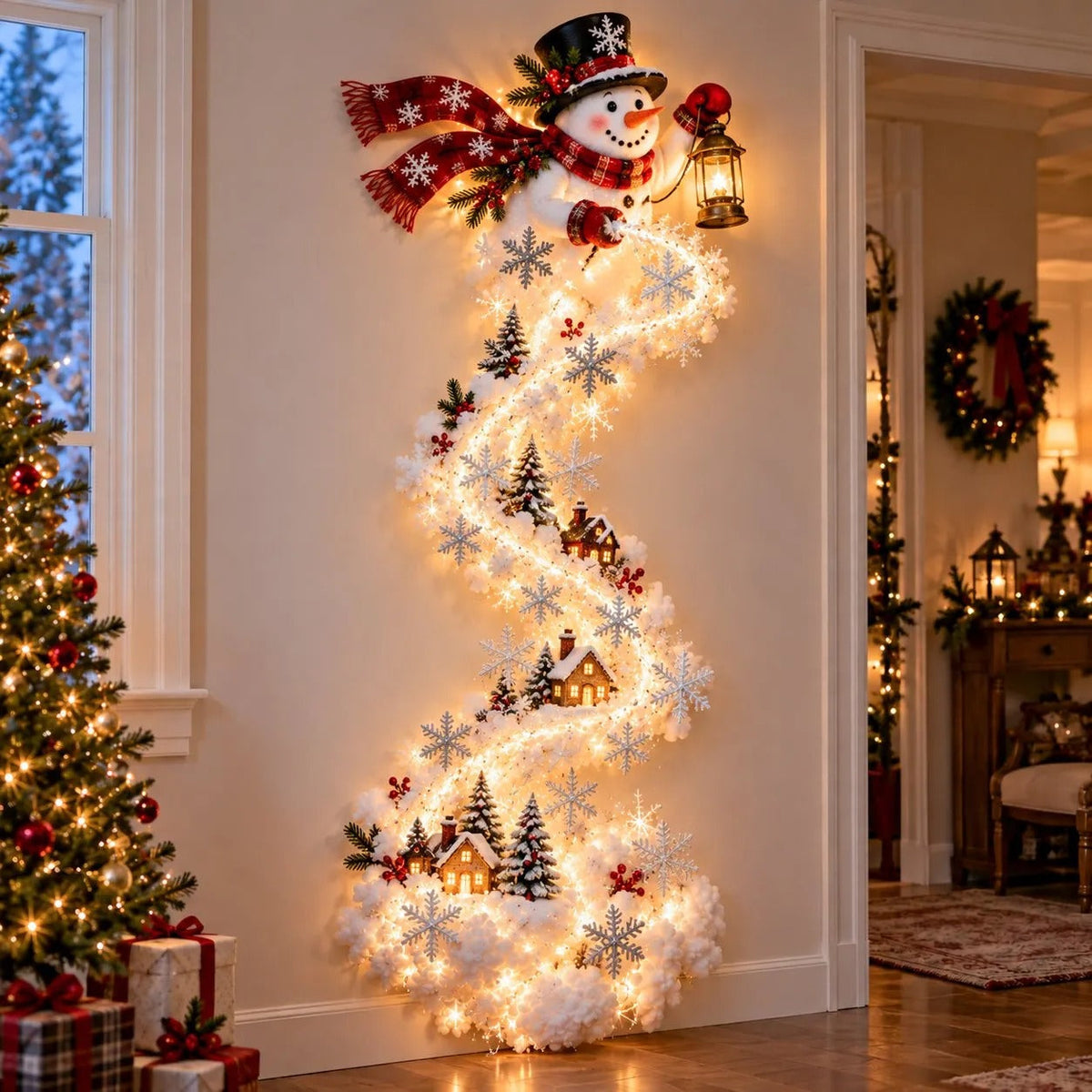 Snowman with top hat, tartan scarf and lantern above a winding light trail past little cottages 5