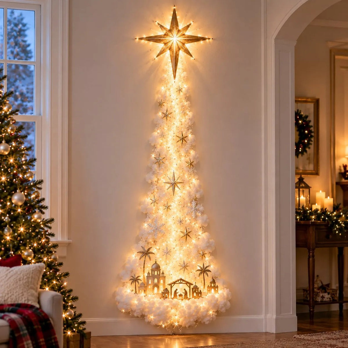 Large gold star above a lit tree-shaped trail ending in a nativity scene 6