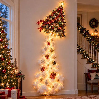 Tilted decorated Christmas tree with red ribbon above a light trail dotted with wrapped presents 7