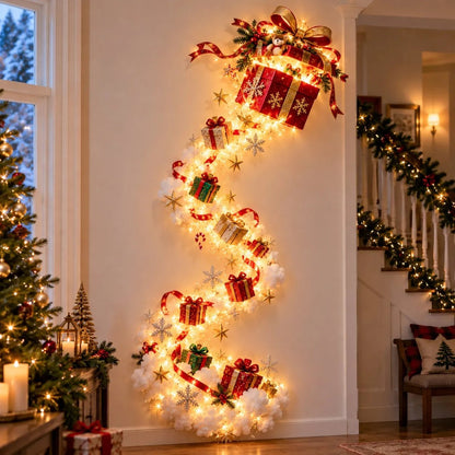 Open gift box with a teddy bear at the top, releasing a ribbon-twined trail of presents 9