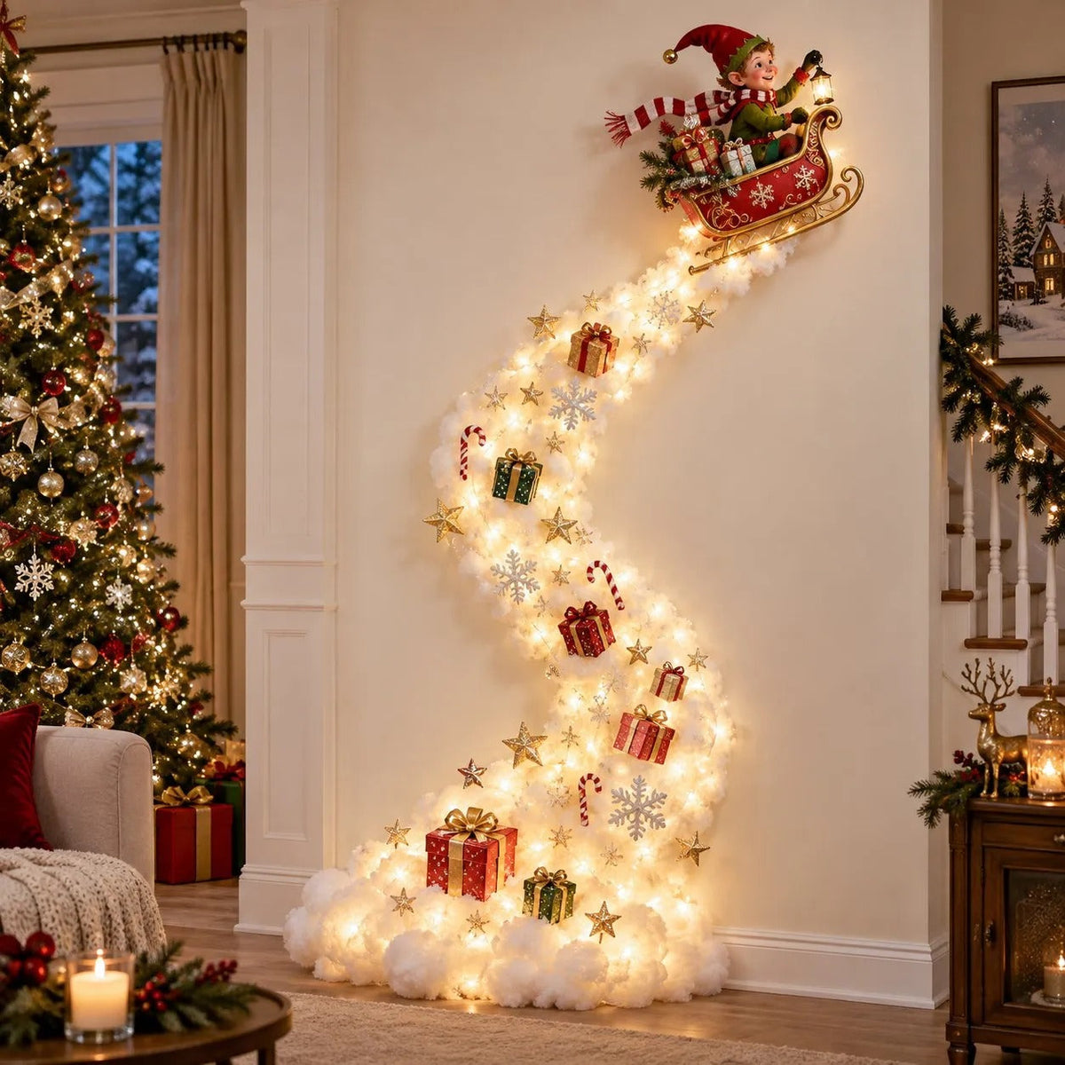 Smiling elf holding a lantern in a red sleigh, with a lit trail of presents and candy canes 8