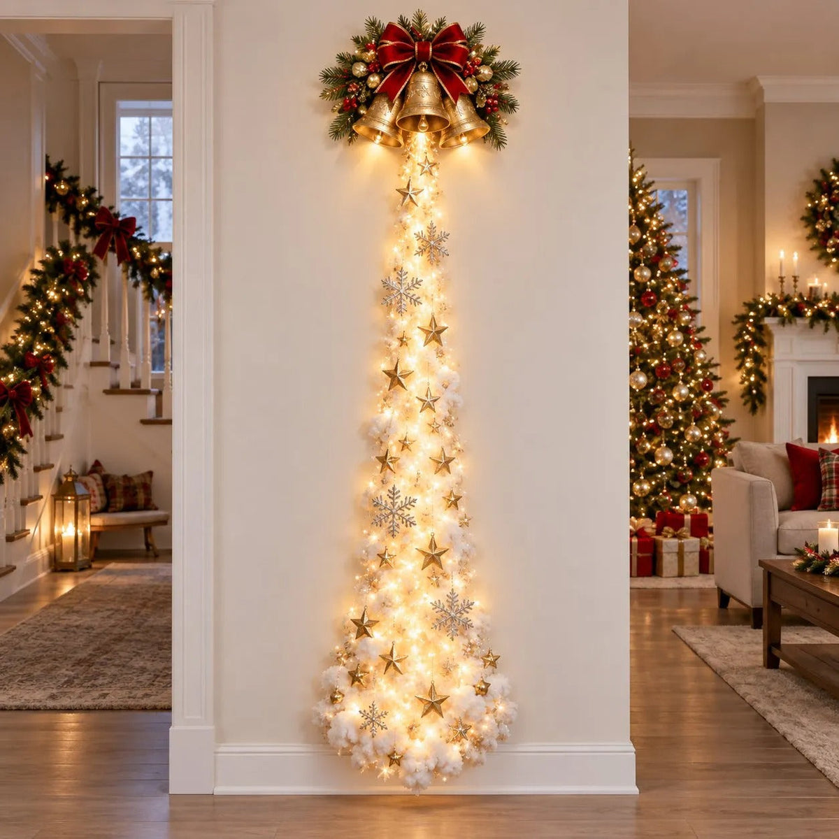 Trio of gold bells with a red bow above a slim light trail of stars and snowflakes 10