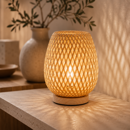 Close-up of the lit woven bamboo lamp on a wooden base, casting diamond shadow patterns across a stone shelf and wall. 1