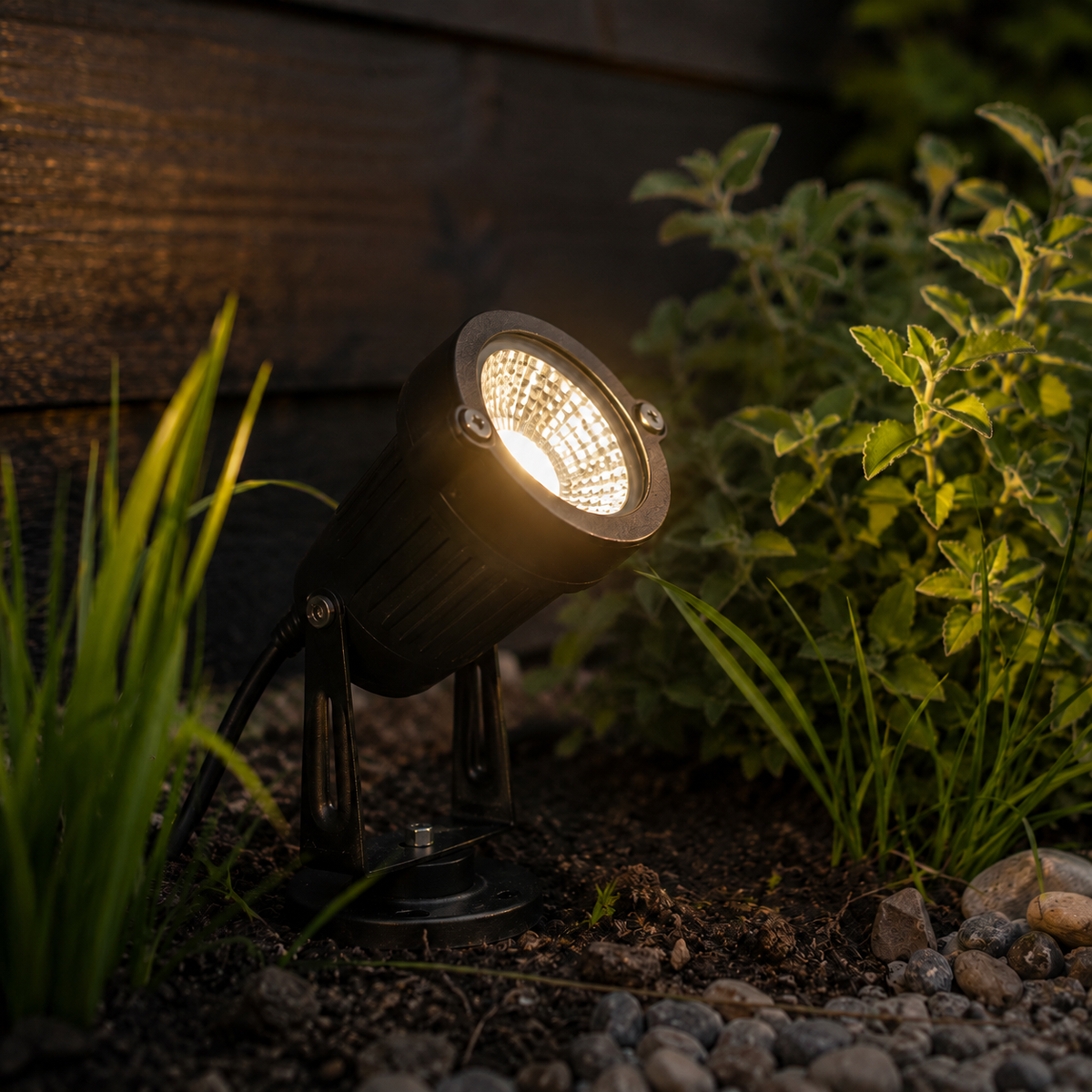 Angled view at dusk of the spotlight shining warm light, showing its adjustable bracket, cable and round base among plants and stones. 6