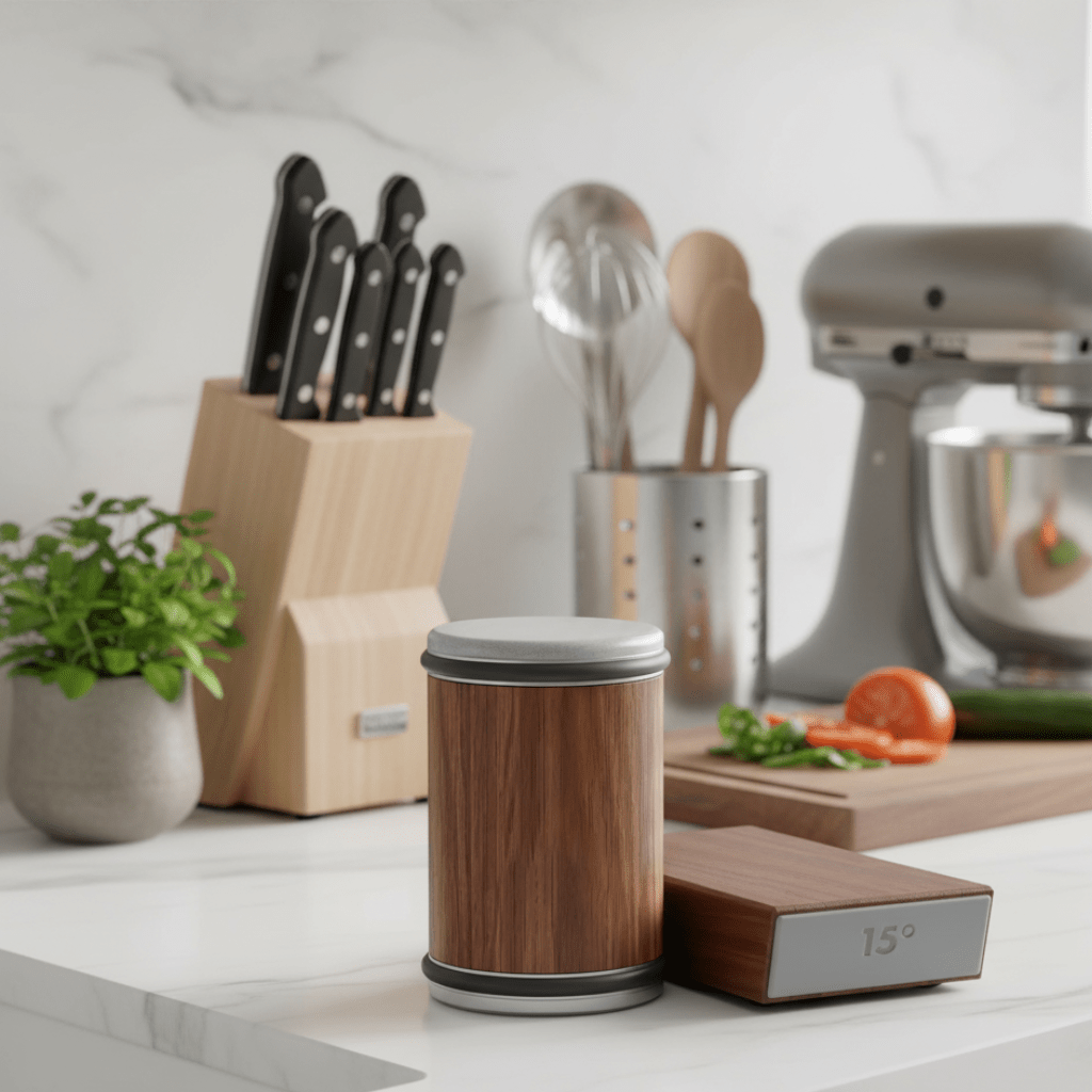Wood-effect roller and angle block on a marble worktop, with a knife block, utensils, herbs and a chopping board in the background. 2