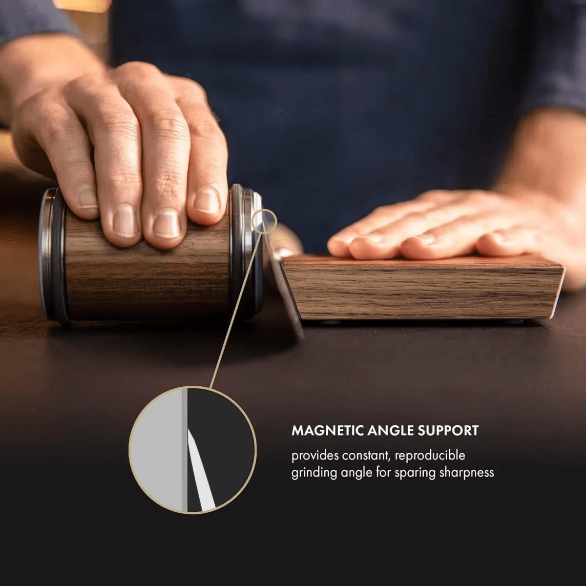 Hands rolling the wooden cylinder along a knife blade held against the angle block, with an inset magnifying the magnetic angle support. 4