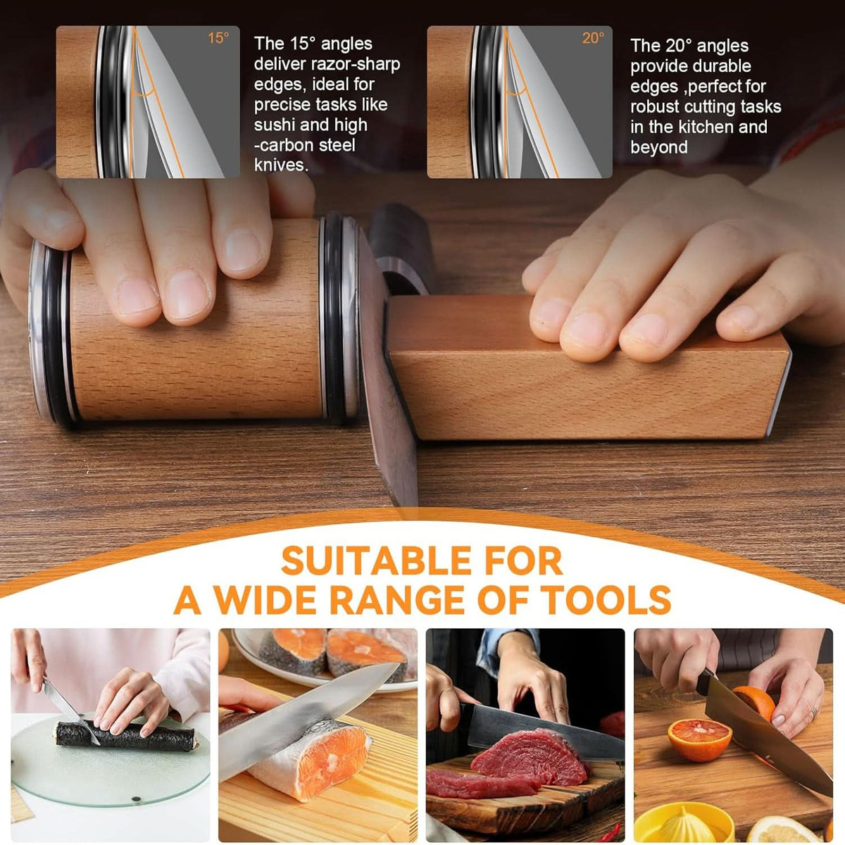 Hands sharpening a knife with the roller and block, with panels comparing 15 and 20 degree angles and examples of foods being cut. 6