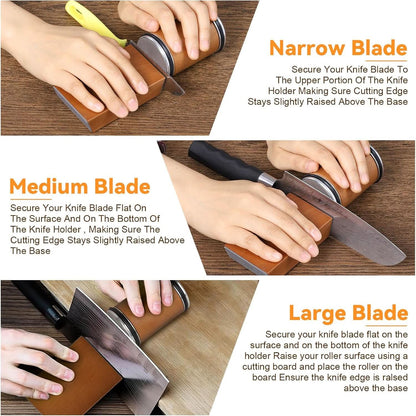 Three-step guide showing hands sharpening narrow, medium and large knife blades by positioning each against the block and rolling the cylinder. 7