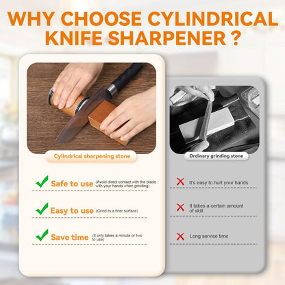 Comparison graphic of the cylindrical sharpener, shown in use on a knife, against an ordinary whetstone, listing safety, ease and time-saving points. 8