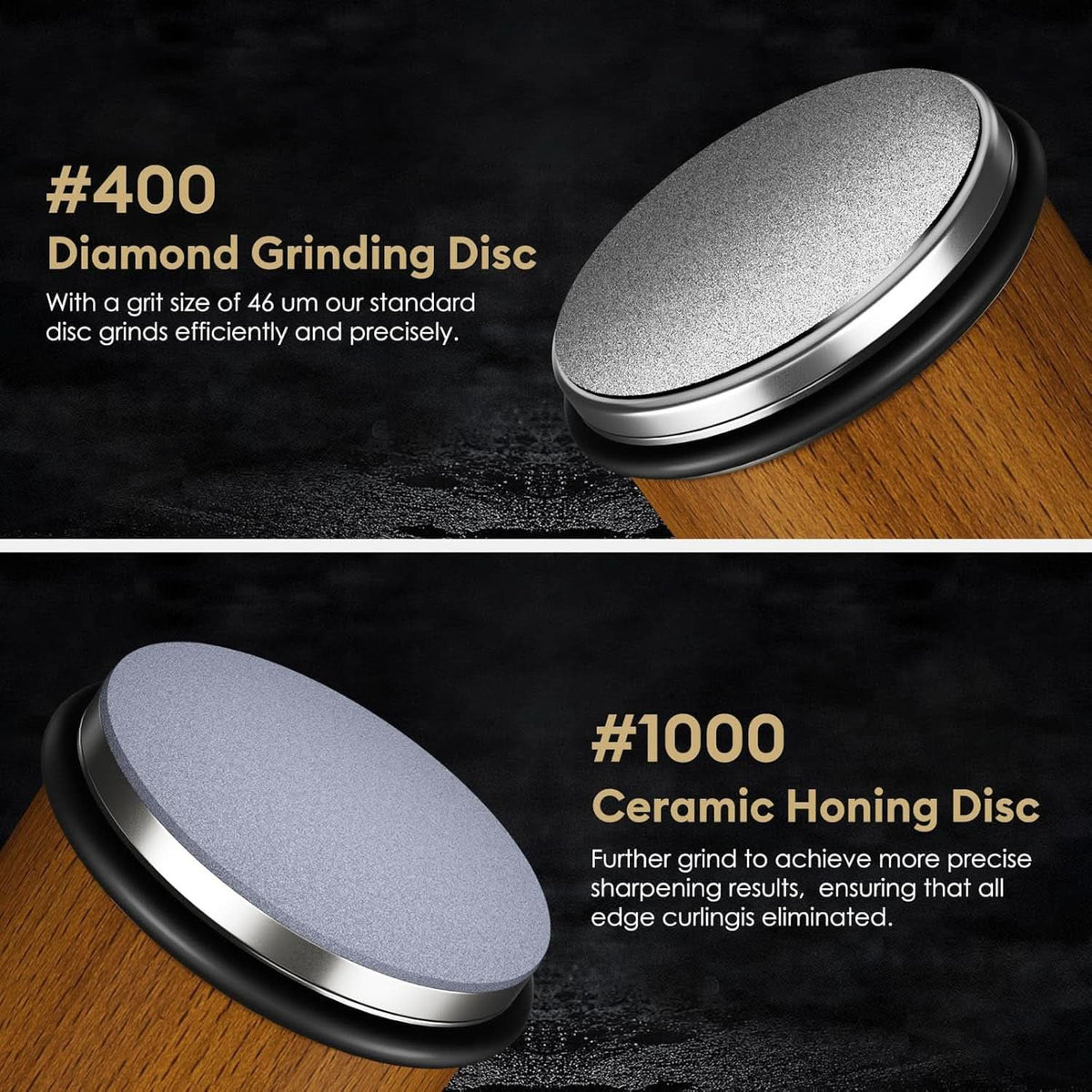 Close-up of the two interchangeable discs: a silver diamond grinding disc above and a grey ceramic honing disc below, both mounted on the wooden cylinder. 9
