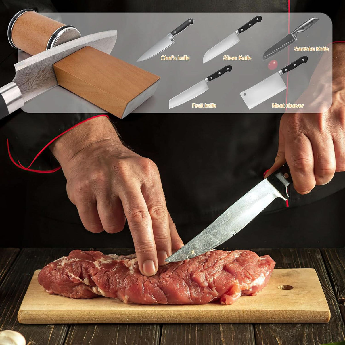 Chef slicing raw meat with a kitchen knife on a wooden board, with the sharpener and a selection of suitable knife types shown above. 10