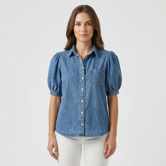 Puff Sleeve Denim Button-Up Shirt - Mable