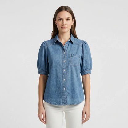Puff Sleeve Denim Button-Up Shirt - Mable