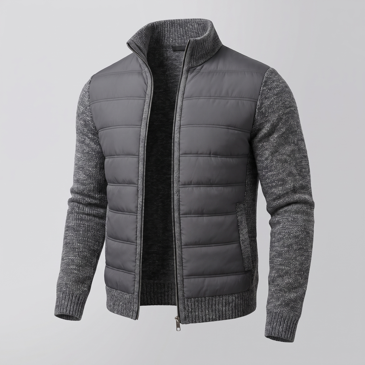 Dark grey jacket with marled knit sleeves, shown at an angle, zip open to reveal soft black lining 2