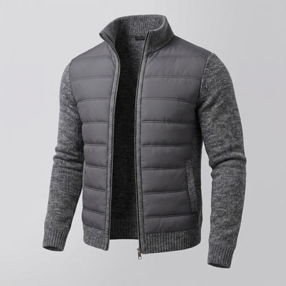 Dark grey jacket with marled knit sleeves, shown at an angle, zip open to reveal soft black lining 2