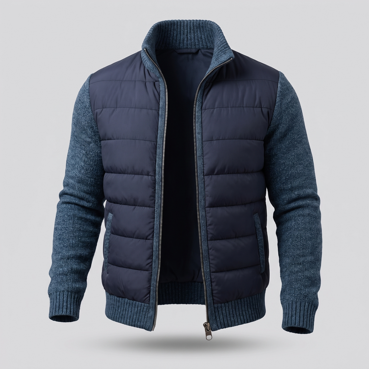 Navy quilted jacket with blue knitted sleeves and ribbed cuffs, front view with zip open 4