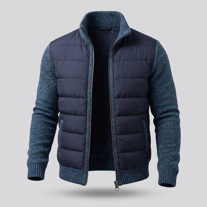 Navy quilted jacket with blue knitted sleeves and ribbed cuffs, front view with zip open 4
