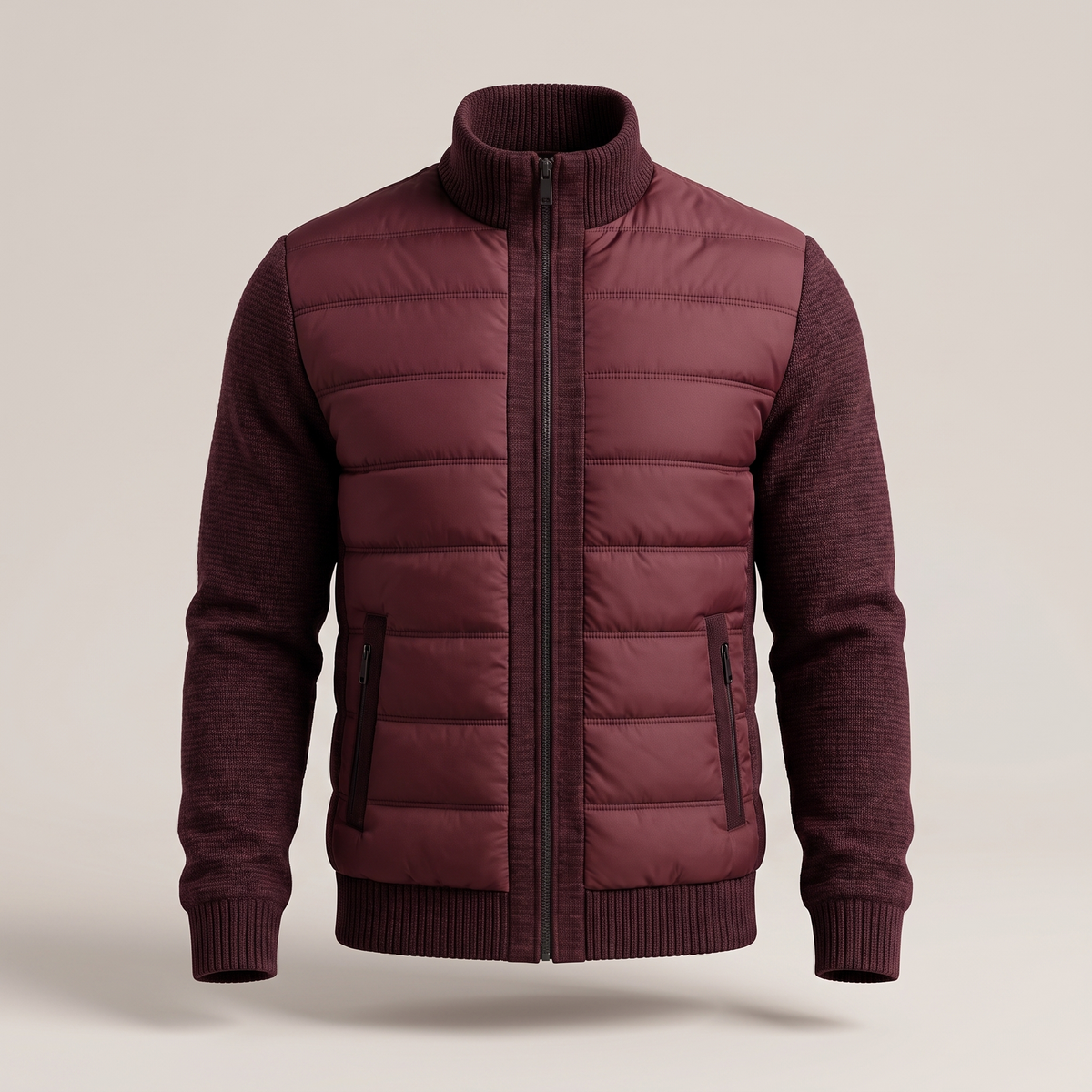 Burgundy jacket with quilted body, knitted sleeves and zipped front pockets, front view, fully zipped up 5