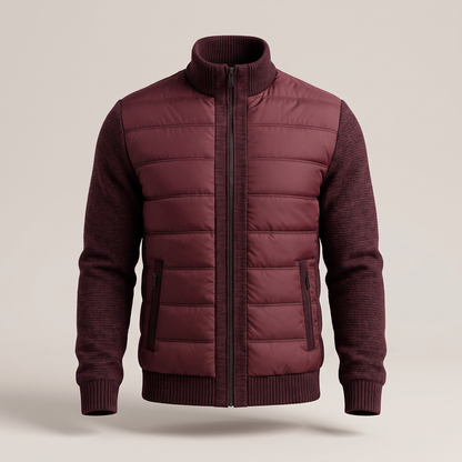 Burgundy jacket with quilted body, knitted sleeves and zipped front pockets, front view, fully zipped up 5
