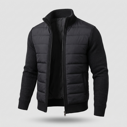 Black quilted jacket with ribbed knit sleeves and stand collar, angled view with zip open 6