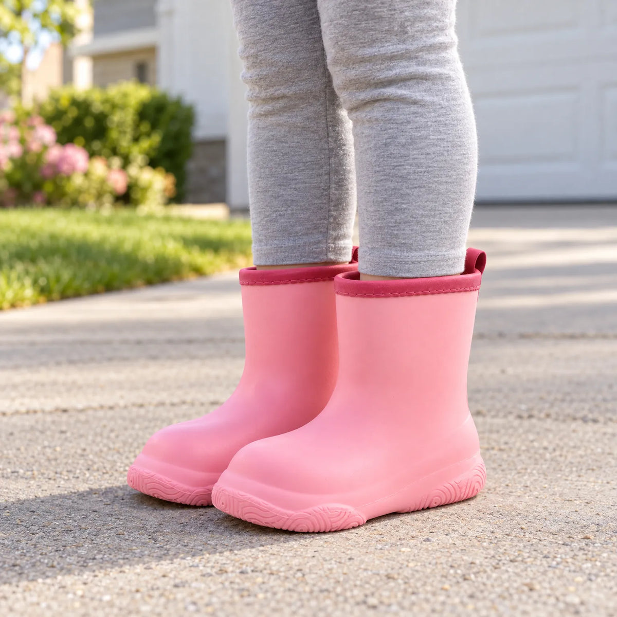 Child standing on a driveway in pink pull-on wellies with a deeper pink collar, worn with grey leggings, garden behind. 1