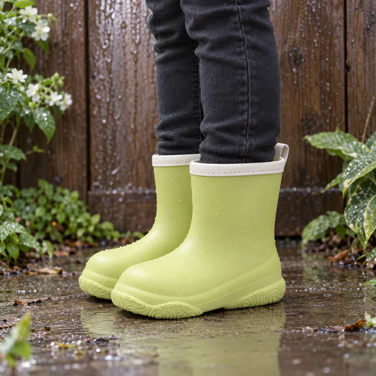 Child in dark jeans wearing light green wellies with cream collars, standing in a rain puddle by a wet fence. 3