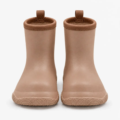 Front view of a pair of tan wellies with darker brown collars and pull loops above a swirl-patterned sole. 8
