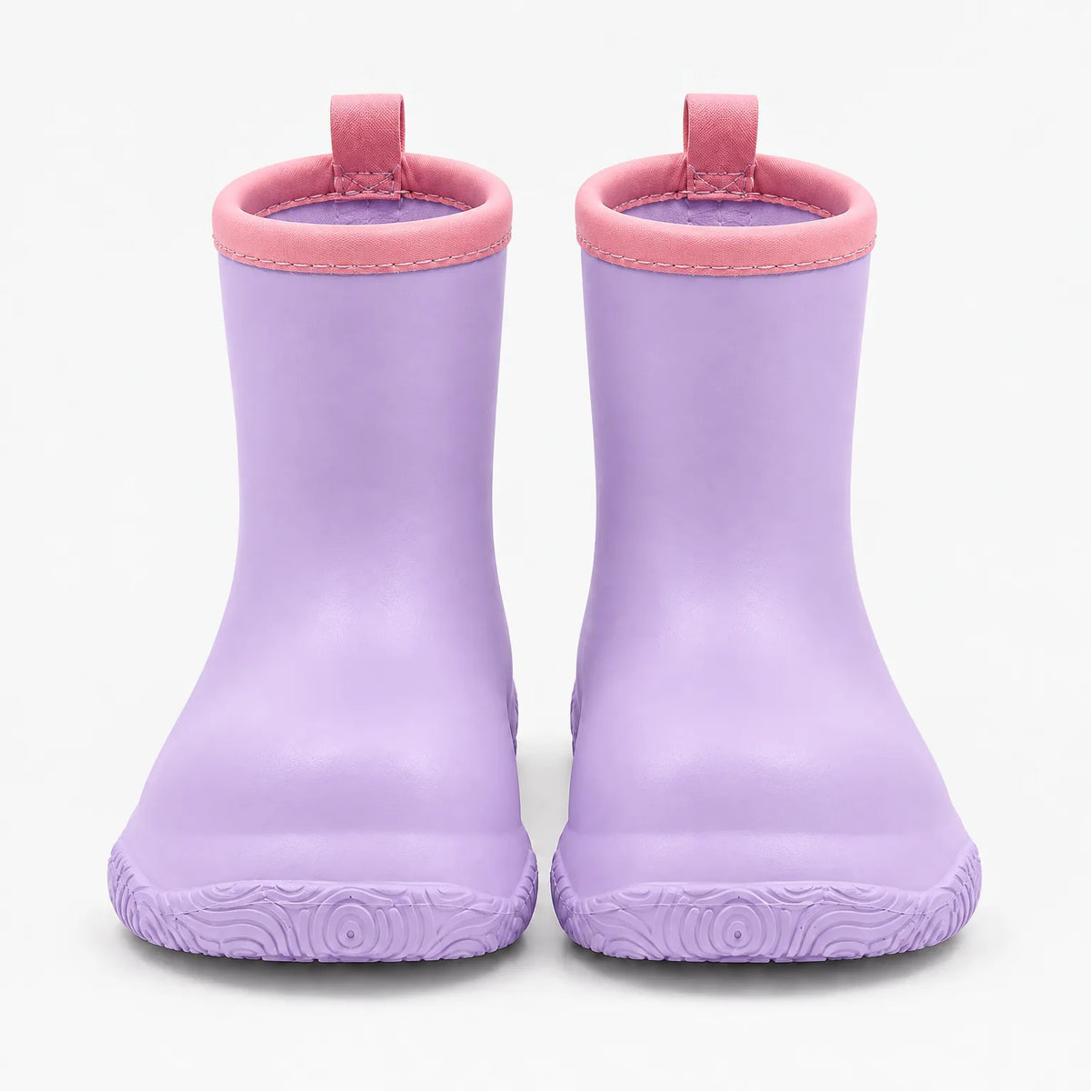 Front view of lilac wellies with pink collars and pull loops, standing side by side on a white background. 9