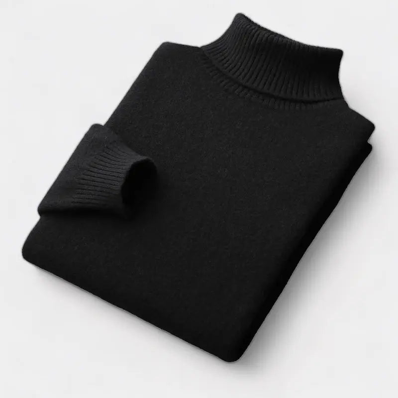 Folded roll-neck jumper in black, with the ribbed collar and one cuff showing 5